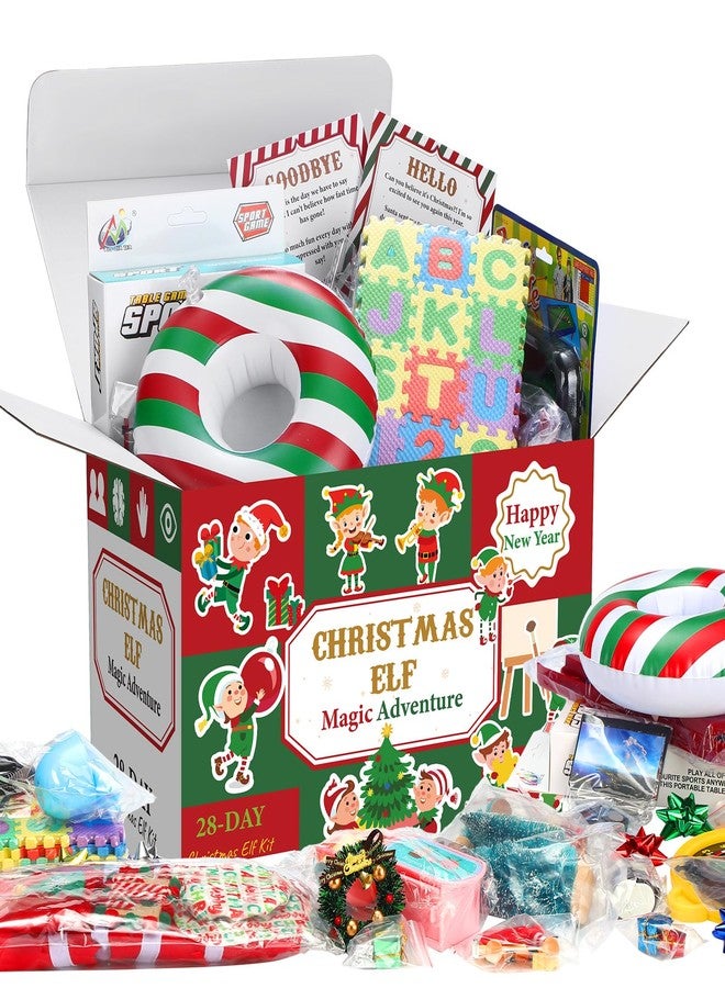 Hollowfly Elf Kit 24+4 Days of Christmas 2025, 28 Days of Elf Magic Kit, Holiday Advent Calendar, Xmas Countdown Box Include Daily Elves Scene Prop, Card Accessories for Christmas Decor(Stripe) - Image 1